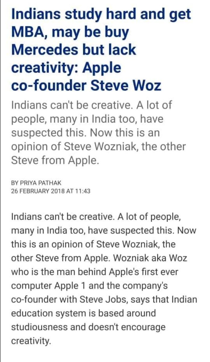Steve Wozniak: "Indian education system is based around studiousness and doesn't encourage creativity".
<a href="/kunalb11/">Kunal Shah</a>