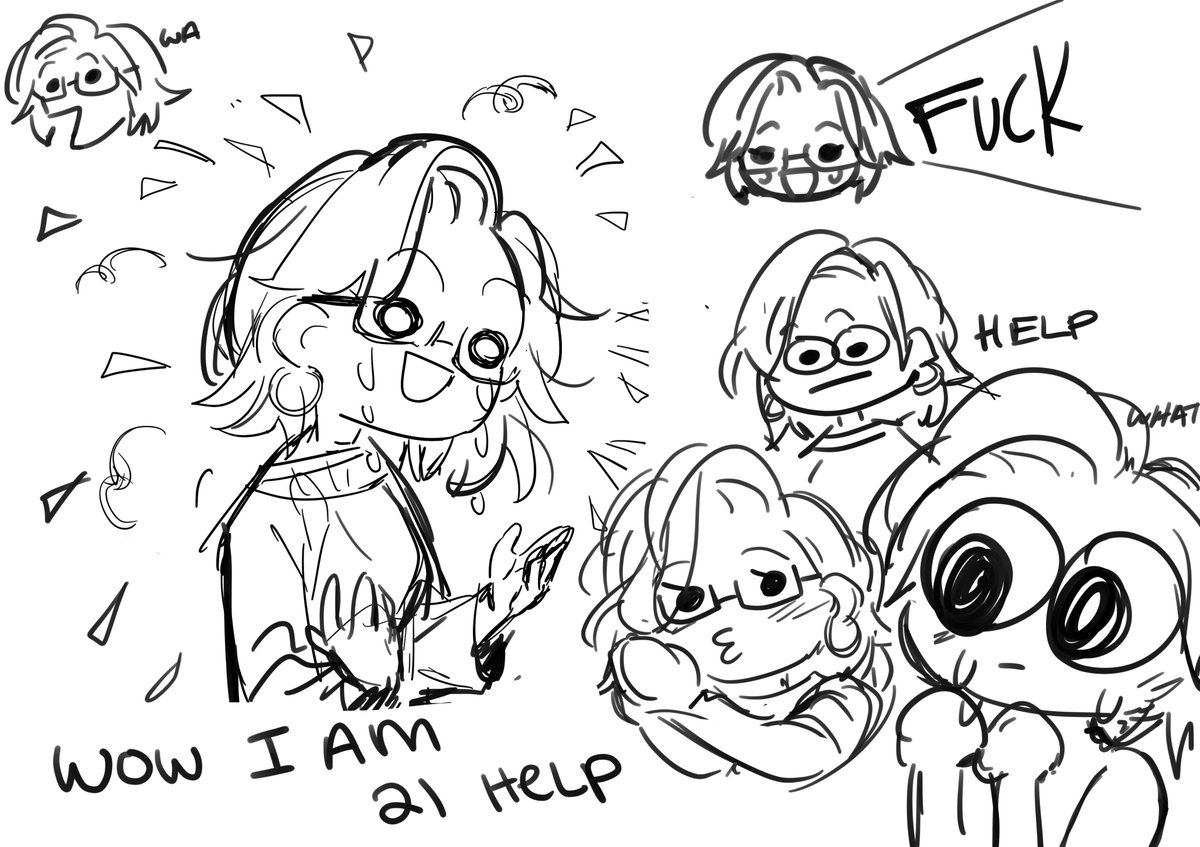 It's my 21st birthday today!! so I drew a bunch of dumb sketches of me to celebrate LMAO I'm gonna make one of these my new icon