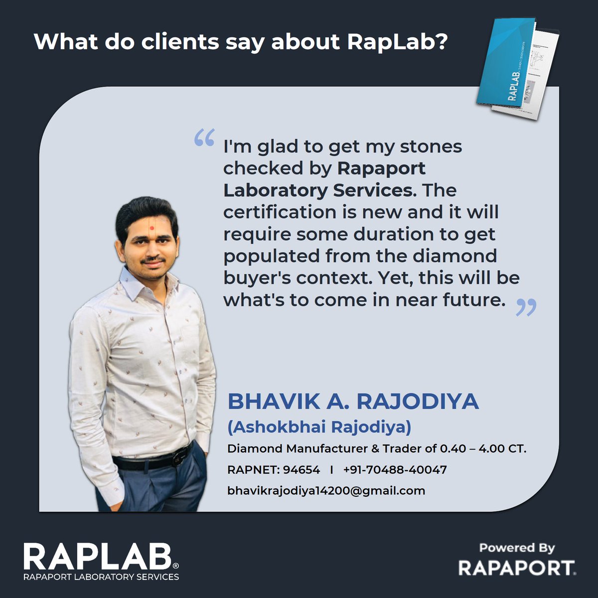 Rapaport_India's tweet photo. #ClientTestimony :
To know more about Rapaport Grading Report (RGR), click here: https://t.co/wjBv11bAwH
.
#rapaport #raplab https://t.co/XwywOwVQoR