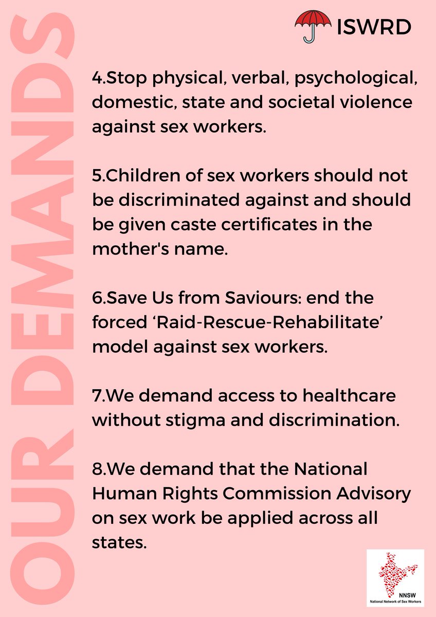 #SexWorkSouthAsia #SexWorkIndia On International Sex Workers' Rights Day #ISWRD @SWASA55492619  @NNSWIndia @VAMP03533593 @MuskanSanstha @sangramsanstha Demand....