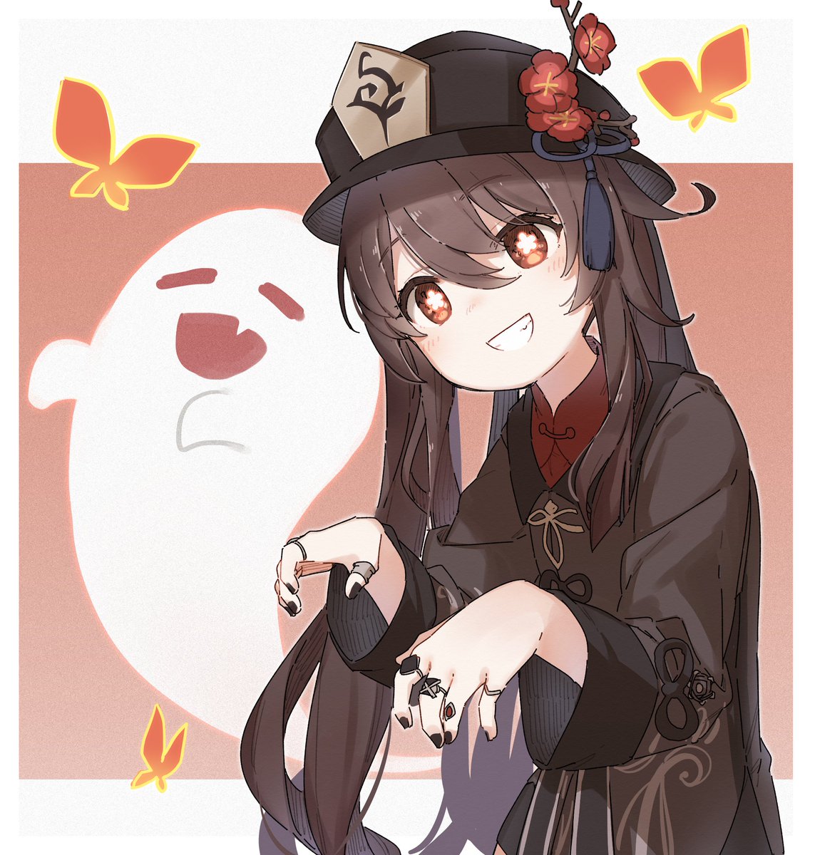 hu tao (genshin impact) 1girl hat smile ring ghost jewelry brown hair  illustration images