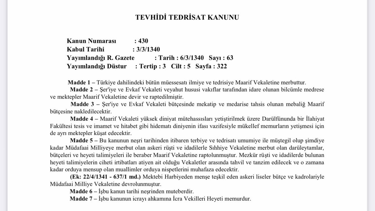 Türkiye Cumhuriyeti’nin çağdaş bir eğitim sistemi kurmak amacıyla eğitim kurumlarının birleştirilmesine ihtiyaç duyulması sebebiyle hazırlanan; 3 Mart 1924 tarih ve 430 Saylılı Tevhid-i Tedrisat Kanunun kabul edilişinin yıldönümü.