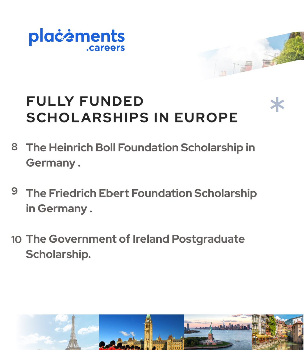 placements_'s tweet photo. Fully funded scholarships for your undergraduate and graduate degree programs in Europe in 2021.

#placements #careerplacements #scholarships #internshipplacements #studyabroad #workabroad #graduateprogram https://t.co/Ym36kIFeYG