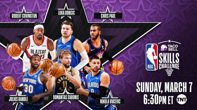 NBAFRANCE's tweet photo. Les participations du Skill Challenge! 

@Holla_At_Rob33
 
@luka7doncic
 
@CP3
 
@J30_RANDLE
 
@Dsabonis11
 
@NikolaVucevic 

🌟 00H30: #TacoBellSkills sur @beinsports_FR | #NBAAllStar https://t.co/CI9hYucjB7