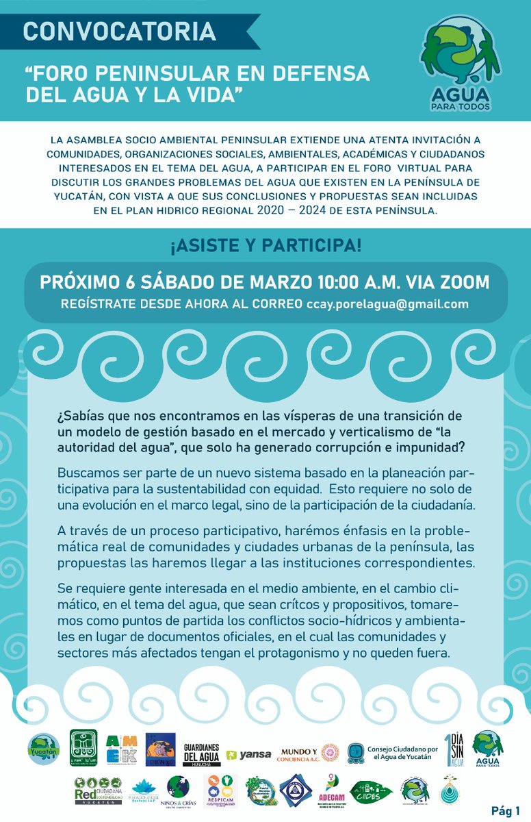 1DIASINAGUA's tweet photo. Foro Peninsular en Defensa del Agua y la Vida.
 6 de Marzo del 2021- 10:00 - 13:00 hrs
Regístrate en este link 👇🏽🙏💙💚🌎💧🌱
https://t.co/axzYKprbEP https://t.co/U8Y6eE2HmK