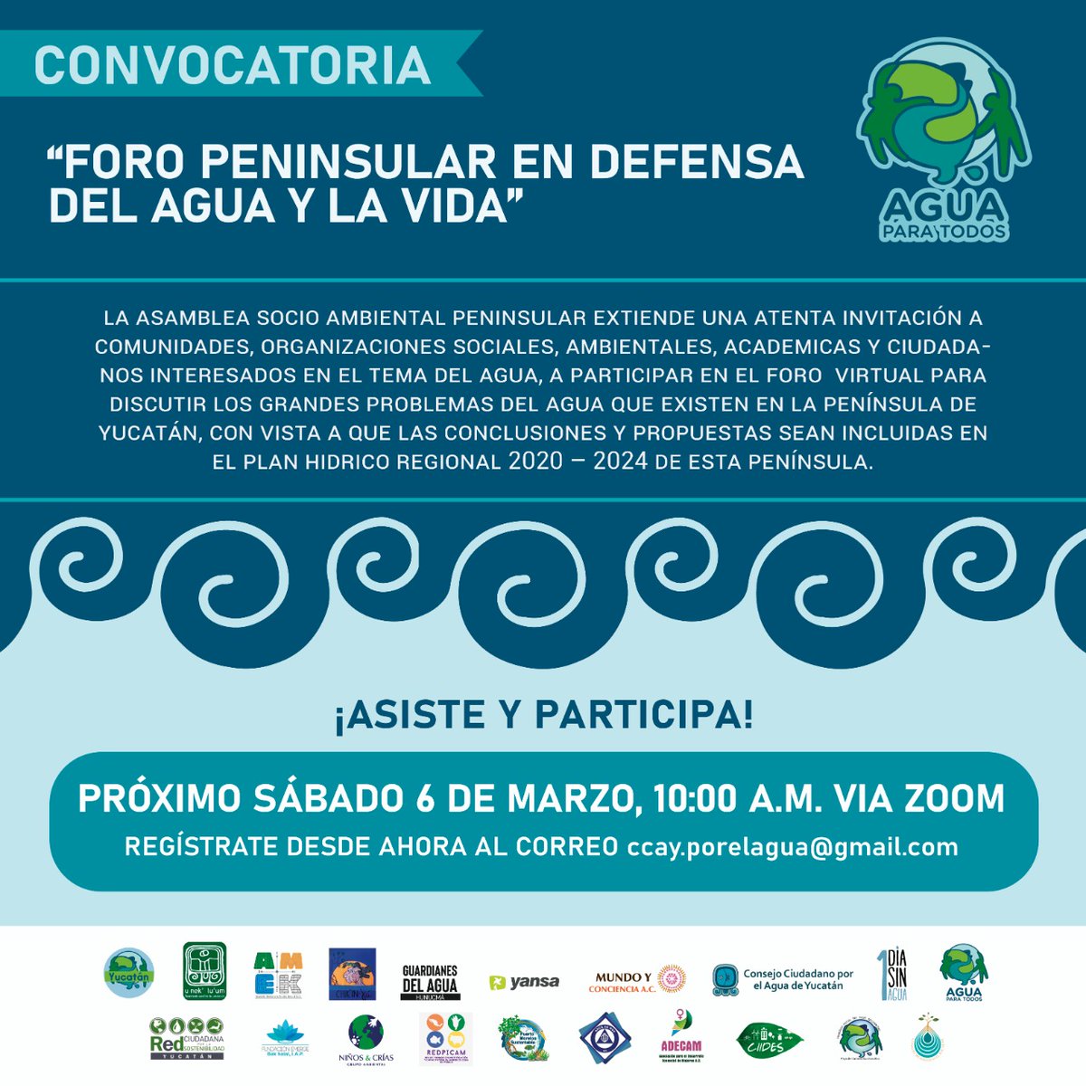 1DIASINAGUA's tweet photo. Foro Peninsular en Defensa del Agua y la Vida.
 6 de Marzo del 2021- 10:00 - 13:00 hrs
Regístrate en este link 👇🏽🙏💙💚🌎💧🌱
https://t.co/axzYKprbEP https://t.co/U8Y6eE2HmK