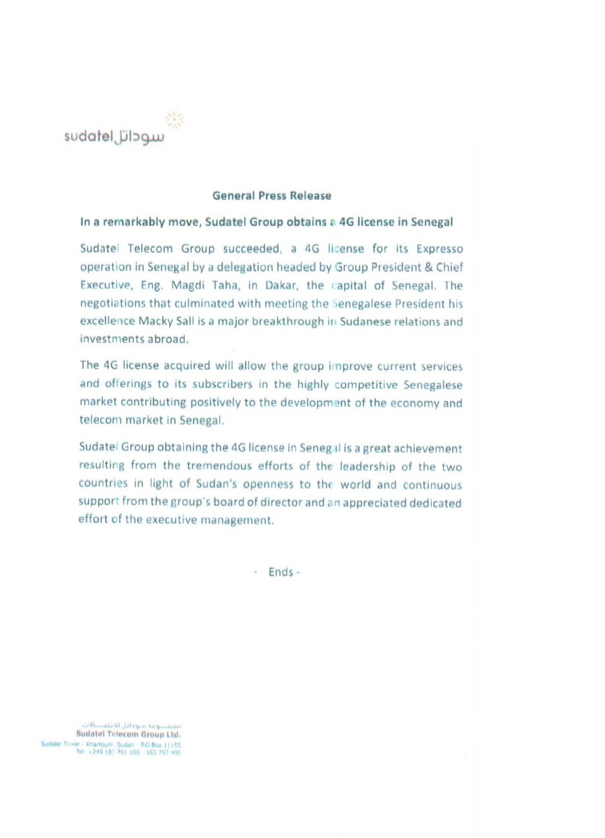 KhartoumStockEx's tweet photo. STG announcements: sudatel telecom group obtains a 4G licences in Senegal 
#sudatel_telecom_group.  
سوداتل تعلن حصولها علي  رخصة الجيل الرابع في السنغال
https://t.co/ABlLwYPelF https://t.co/dSa5VWVHQA