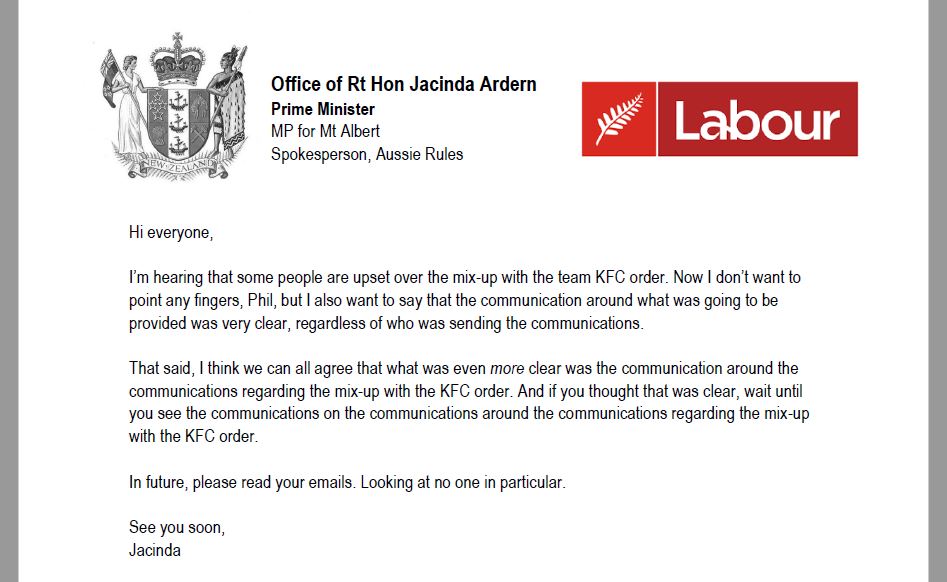 BeehiveLetters's tweet photo. Jacinda Ardern to the Labour Party
RE: KFC Communications
#nzpol #satire https://t.co/CLOwueyqu6