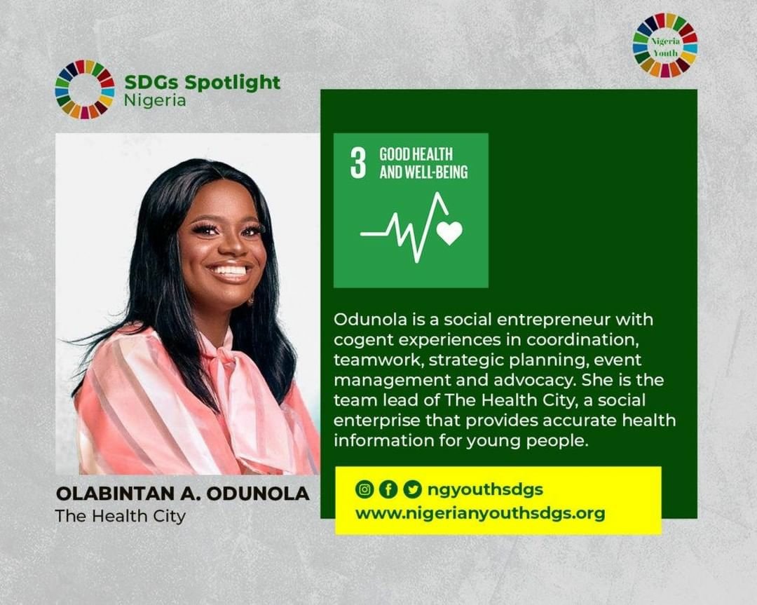 We are spotlighting female changemakers localizing the SDGs in Nigeria. 

For this week's episode of #ChangemakerSpotlight, @rianat_wahab interviewed @the_odunola, founder of Health City. Read her story here nigerianyouthsdgs.org/my-biggest-dre…

#ChooseToChallenge 
#InternationalWomensDay