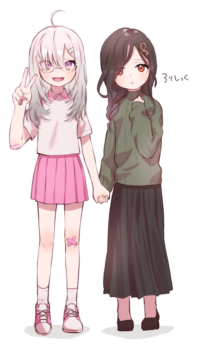 multiple girls 2girls green sweater skirt v holding hands ahoge  illustration images