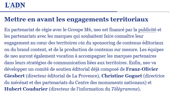 SylvainErnault's tweet photo. L'opération de com' était logiquement accompagnée sur les réseaux par neo, le média vidéo partenaire de la régie du groupe M6, lancé par Bernard de La Villardière, Stéphane Simon, Sami Biasoni, Anne-Henri de Gestas et Louis Perrin. #valeurspositives

https://t.co/ZwPONoPUpP https://t.co/82FfskbRCJ