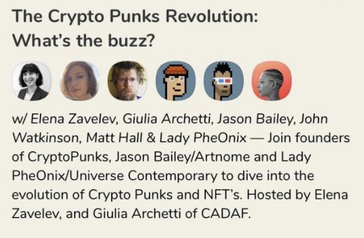Giulia Archetti (@artstuff_juls) on Twitter photo Crypto Punks NFTs launched on ETH blockchain in 2017, since then making history in the crypto art space <a href="/larvalabs/">Larva Labs</a>
“The Crypto Punks Revolution: What’s the buzz? ”
<a href="/Elena_Zavelev/">Elena Zavelev</a> <a href="/artnome/">Artnome</a> <a href="/pents90/">John Watkinson</a> <a href="/matthall2000/">Matt Hall</a> <a href="/cryptoartadvisr/">UNIVERSE CONTEMPORARY</a>
Friday, 5 Mar at 18:30 CET on @joinclubhouse. Crypto Punks NFTs launched on ETH blockchain in 2017, since then making history in the crypto art space <a href="/larvalabs/">Larva Labs</a>
“The Crypto Punks Revolution: What’s the buzz? ”
<a href="/Elena_Zavelev/">Elena Zavelev</a> <a href="/artnome/">Artnome</a> <a href="/pents90/">John Watkinson</a> <a href="/matthall2000/">Matt Hall</a> <a href="/cryptoartadvisr/">UNIVERSE CONTEMPORARY</a>
Friday, 5 Mar at 18:30 CET on @joinclubhouse.