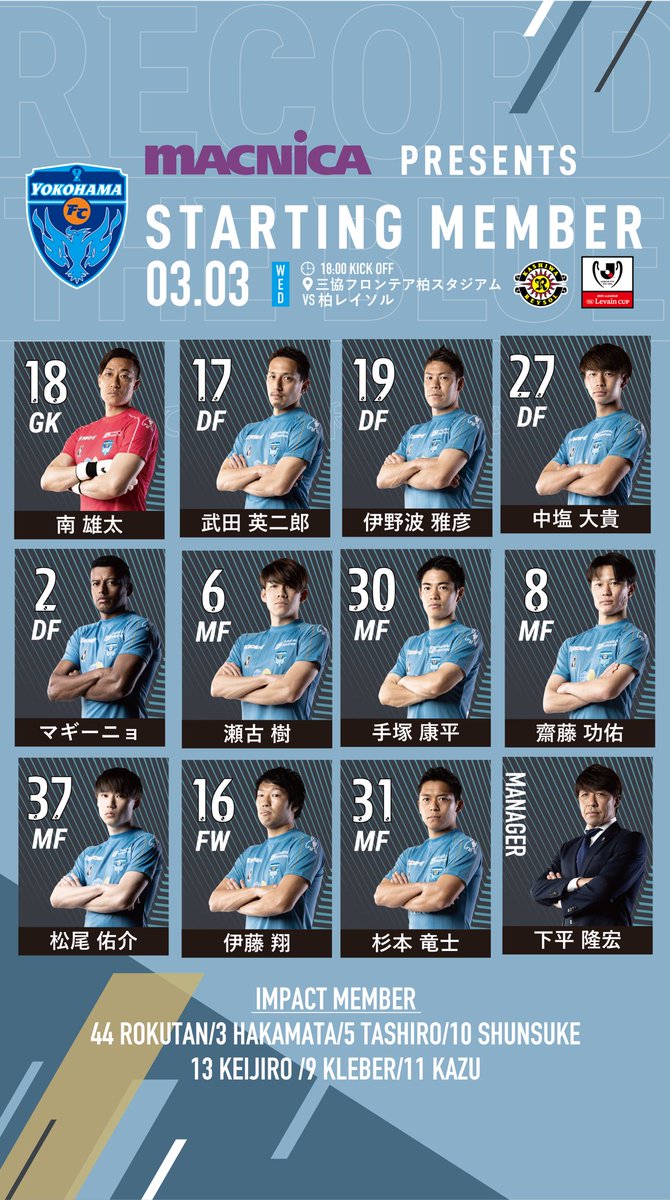 yokohama_fc's tweet photo. 2021JリーグYBCルヴァンカップ
🆚#柏レイソル メンバー

GK 南���太
DF マギーニョ、伊野波雅彦、中塩大貴、武田英二郎
MF 手塚康平、瀬古樹、齋藤功佑、杉本竜士、松尾佑介
FW 伊藤翔

IMP 六反勇治、袴田裕太郎、田代真一、中村俊輔、クレーベ、三浦知良、小川慶治朗
#yokohamafc #横浜FC #reysol https://t.co/T5ukxiTgwI