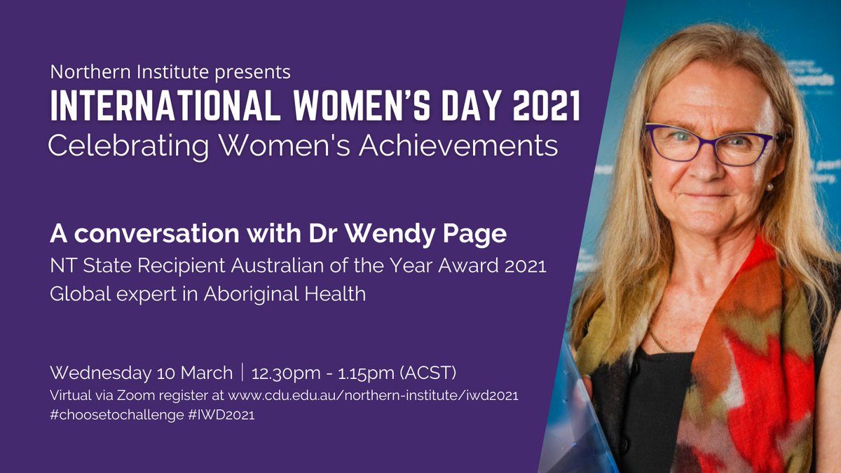 cdu_ni's tweet image. We are delighted to announce the inspiring Dr Wendy Page will be celebrating International Women's Day 2021 with us this year.
 
Wed 10 March 12.30pm ♀️ Virtual via Zoom
👉🏾cdu.edu.au/northern-insti…

#ChoosetoChallenge #IWD2021 #IWD