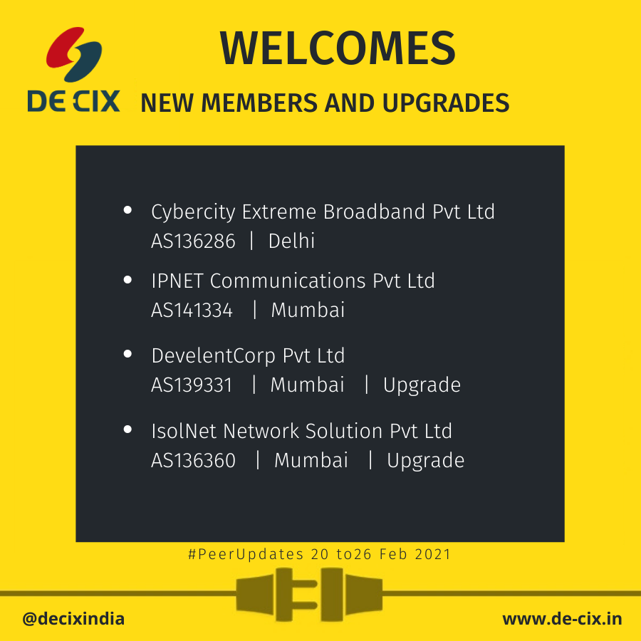 decixindia's tweet photo. DE-CIX India welcomes #peers connected and upgraded last week on the interconnection platform.
#DECIXIndia #IXPinIndia #Interconnection #Peering https://t.co/wdG64mMRmF