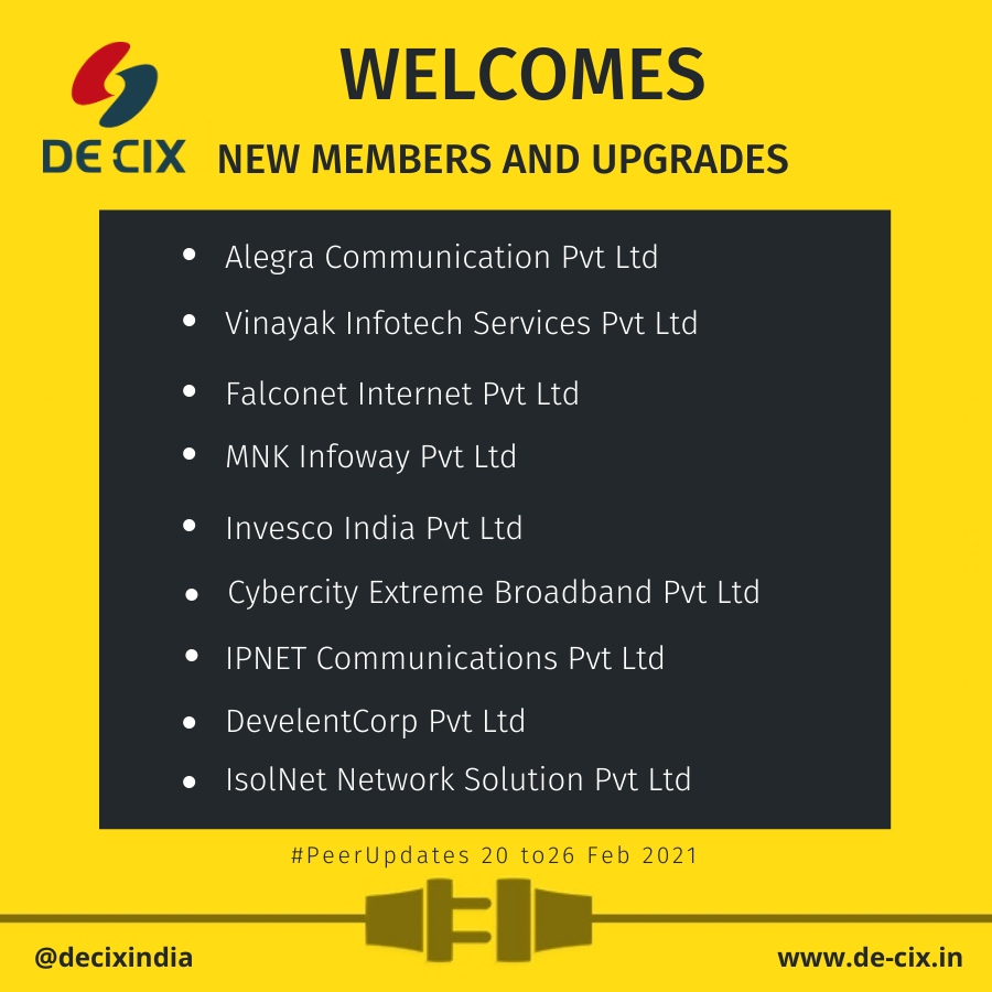decixindia's tweet photo. DE-CIX India welcomes #peers connected and upgraded last week on the interconnection platform.
#DECIXIndia #IXPinIndia #Interconnection #Peering https://t.co/wdG64mMRmF