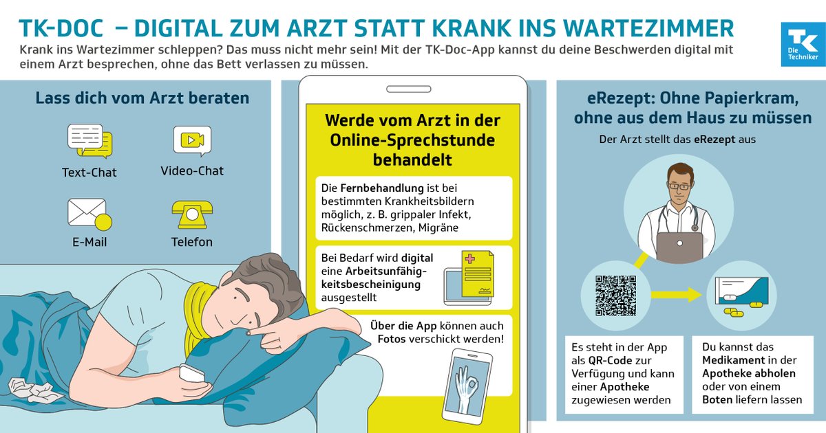 DieTechniker's tweet photo. Hol dir den Arzt nach Hause - mit unserer #App TK-Doc. Damit kannst du beispielsweise bei einer Erkältung alles vom Bett aus regeln - von der Sprechstunde über die Krankschreibung bis zur Medikament-Bestellung. Hol dir jetzt die App: https://t.co/aBdD78zgtR #TKDoc https://t.co/RvSRmXj6Mi