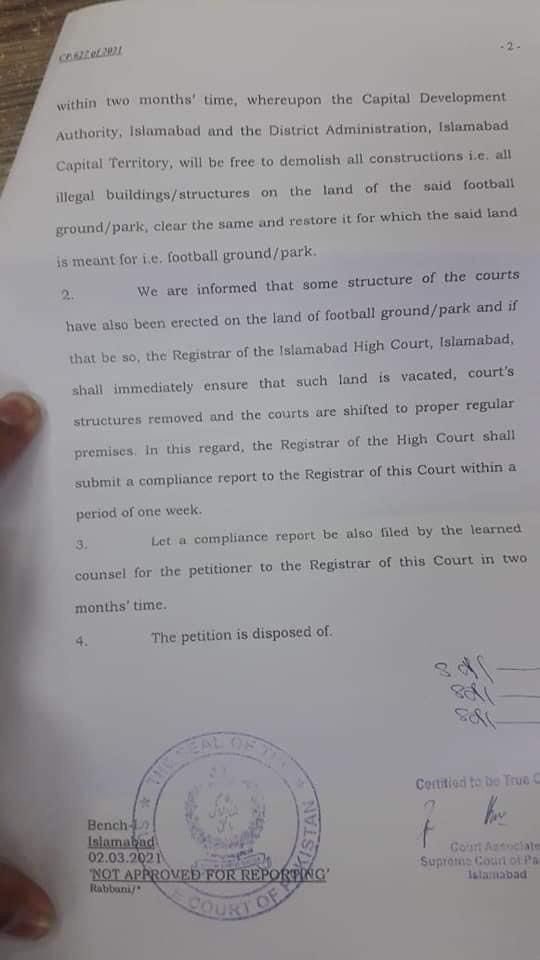 off_nawazalam's tweet photo. Honourable Supreme court disposed of Appeal filed against the order/Judgement of IHC in respect of vacation/demolition of illegal chambers of lawyers and other structure built on football ground in Islamabad. https://t.co/XA2iDGtkCF
