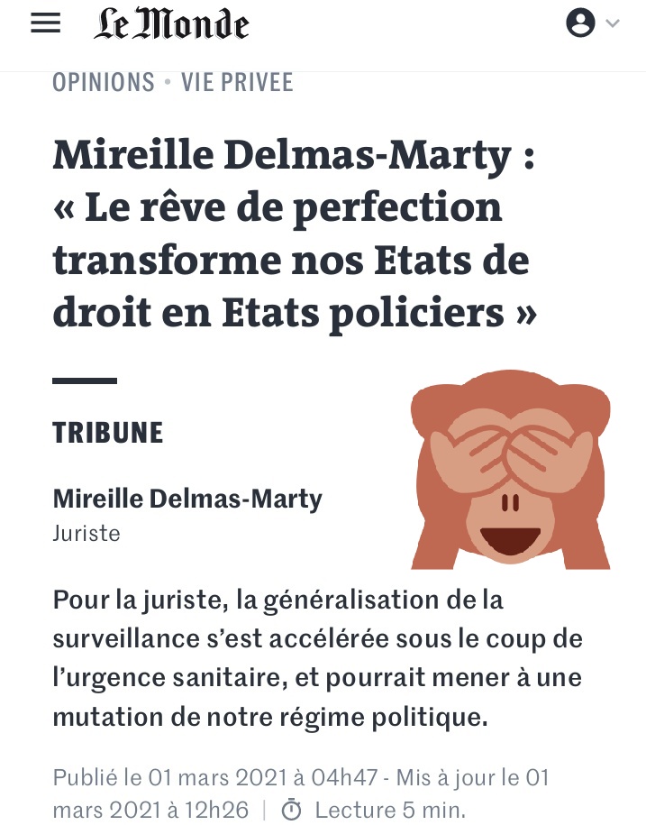 LibreDroit's tweet photo. On peut être considéré comme une "grande juriste" et proférer inepties sur bêtises tout le long d'un édito dans @lemondefr 
La perle:
"Encore plus dangereux que Ben Laden pour la démocratie, le coronavirus accélère le recul de l’Etat de droit." https://t.co/i5bIXS3SN2