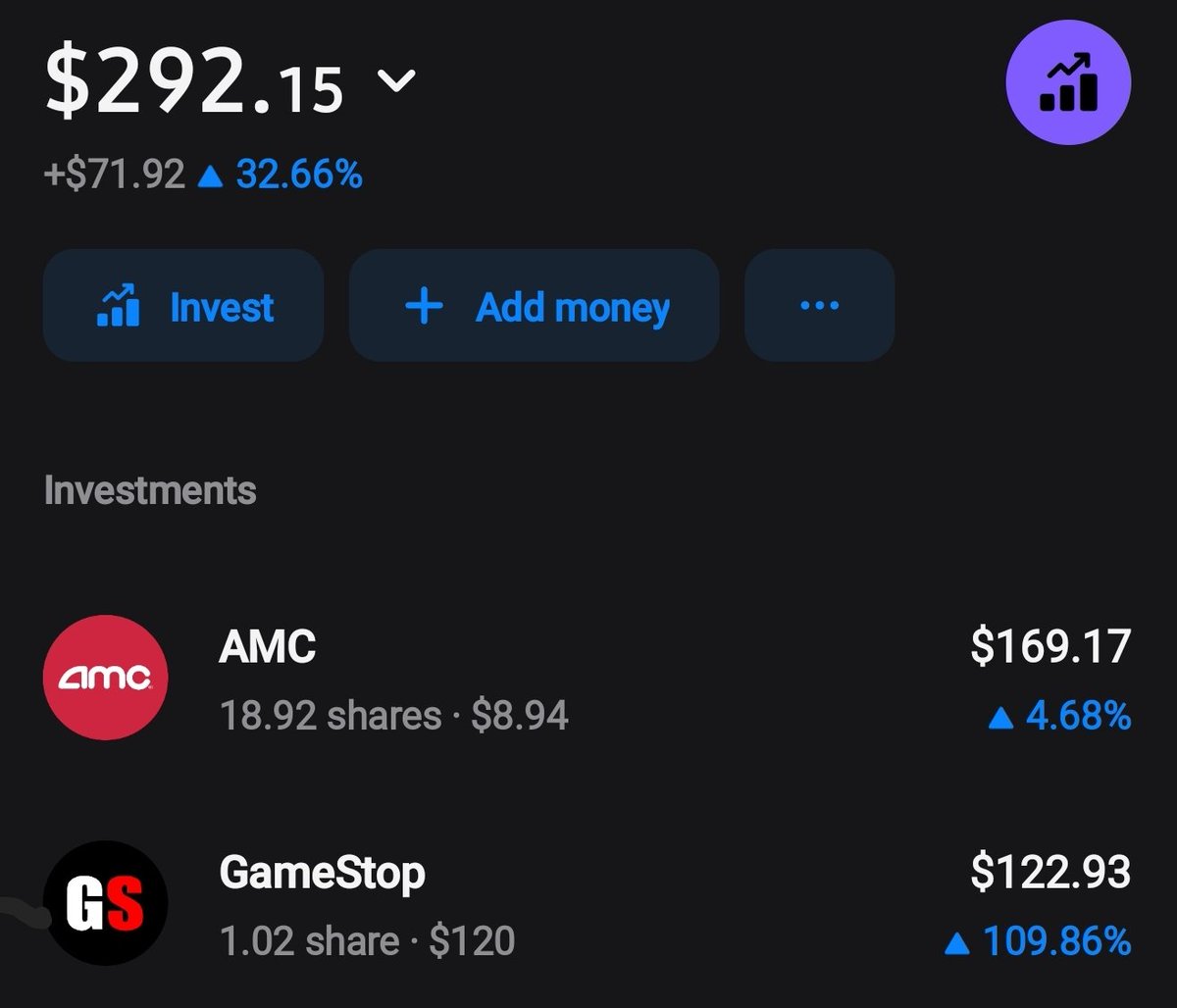 Still #hodling

Initial total investment - $228

#ToTheMoon #DiamondHands #gme #gamestop #amc #stocks #shares #reddit #HODL #wallstreetbets https://t.co/076HRxx92x