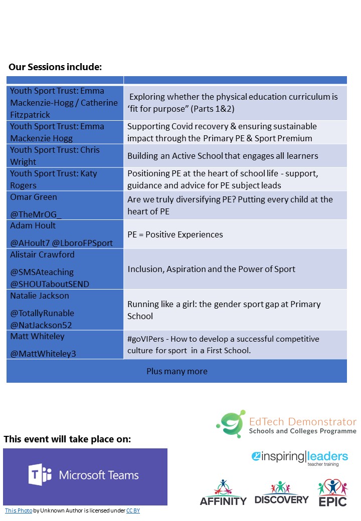 Primary PE Teachmeet Weeklong Event – Monday 15th – Thursday 18th March.  This is going to be an exciting week of ‘Teams Live’ events.  Set reminders on your phone and click on the ‘Teams Live’ links for a wealth of PE all stars! 
Book Here forms.office.com/Pages/Response…
<a href="/Emma_Turner75/">Emma Turner FCCT</a>