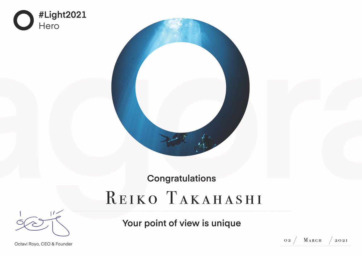 reiko_ocean's tweet photo. 皆さまの応援のお陰で
@Agoraimages 
"Light2021"の1位になりました。
ありがとうございます🙏
ちなみに、Agoraでは1位をHeroと呼びます😊
#Agoraimages 
#hero 
#Light2021 https://t.co/wnUF85Pyvp