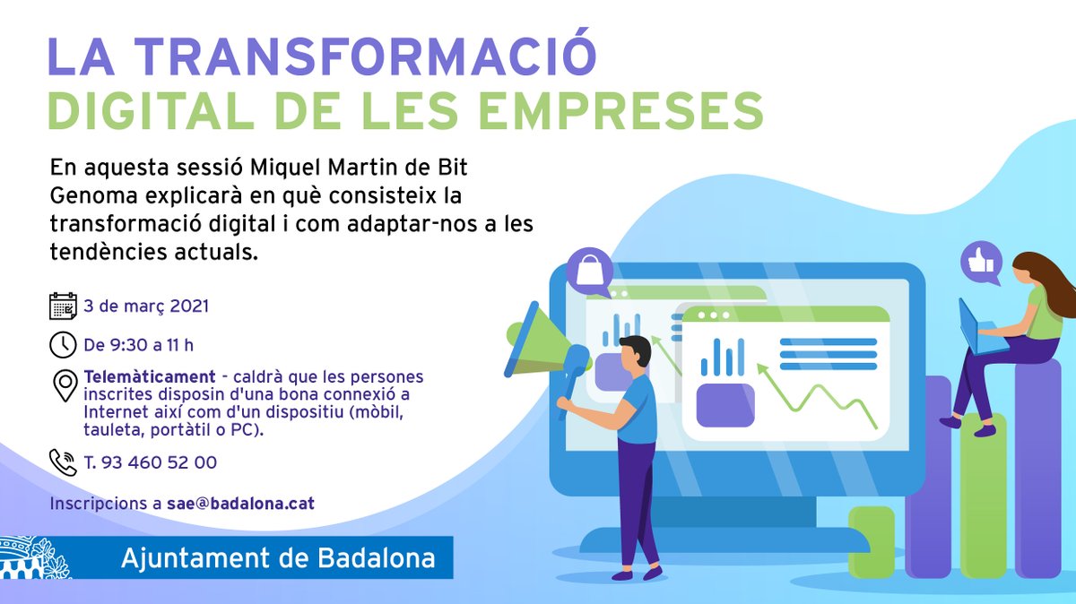 📢ATENCIÓ! En el següent enllaç podreu seguir en directe la retransmissió de la formació d'avui a les 9.30 hores sobre la transformació digital de les empreses. No t'ho perdis!
👉Enllaç: youtu.be/iWiqQWwb7Pk