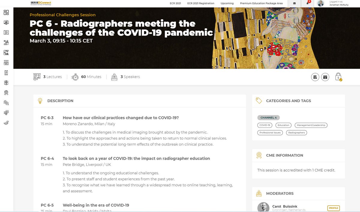 Early start for #ECR2021, one session down &amp; now the 1st live session in #radiographers programme 'PC 6-Radiographers meeting the challenges of the COVID-19 pandemic' moderated by (<a href="/EFRadiographerS/">EFRS</a> Educational Wing MT) <a href="/CarstB/">Carst Buissink</a> &amp; featuring <a href="/morenozanardo/">Moreno Zanardo</a> <a href="/drpbridge/">Dr Pete Bridge</a> <a href="/PaulBezzina1/">Paul Bezzina</a>