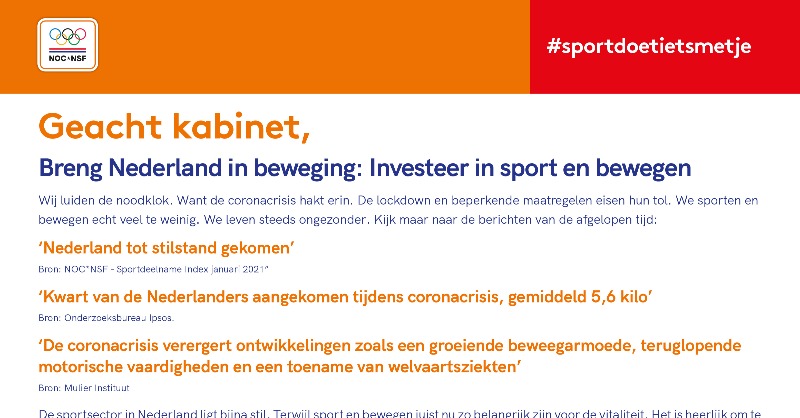 nocnsf's tweet photo. In gezamenlijkheid met alle sportbonden, @JCFoundation, @fondsGsport, @JFSCNederland, @Sportkracht12, @krajiceknl en Platform Ondernemende Sportaanbieders luiden we de noodklok. 

Breng Nederland in beweging: investeer in sport en bewegen! 

#wewinnenveelmetsport