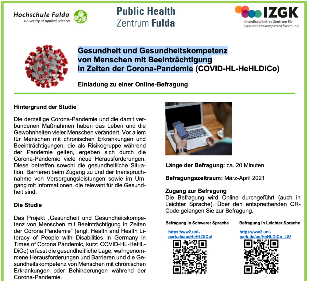 AKDownSyndrom's tweet photo. Die Studie mit Online-Befragung “Gesundheit und Gesundheitskompetenz von Menschen mit Beeinträchtigung in Zeiten der Corona-Pandemie” ist gut geeignet...
#CoronaVirusDE #Studie #Gesundheit #Familien #Pandemie 
Weitere Info
https://t.co/IAr188JbQI https://t.co/XI1JDwKgOP