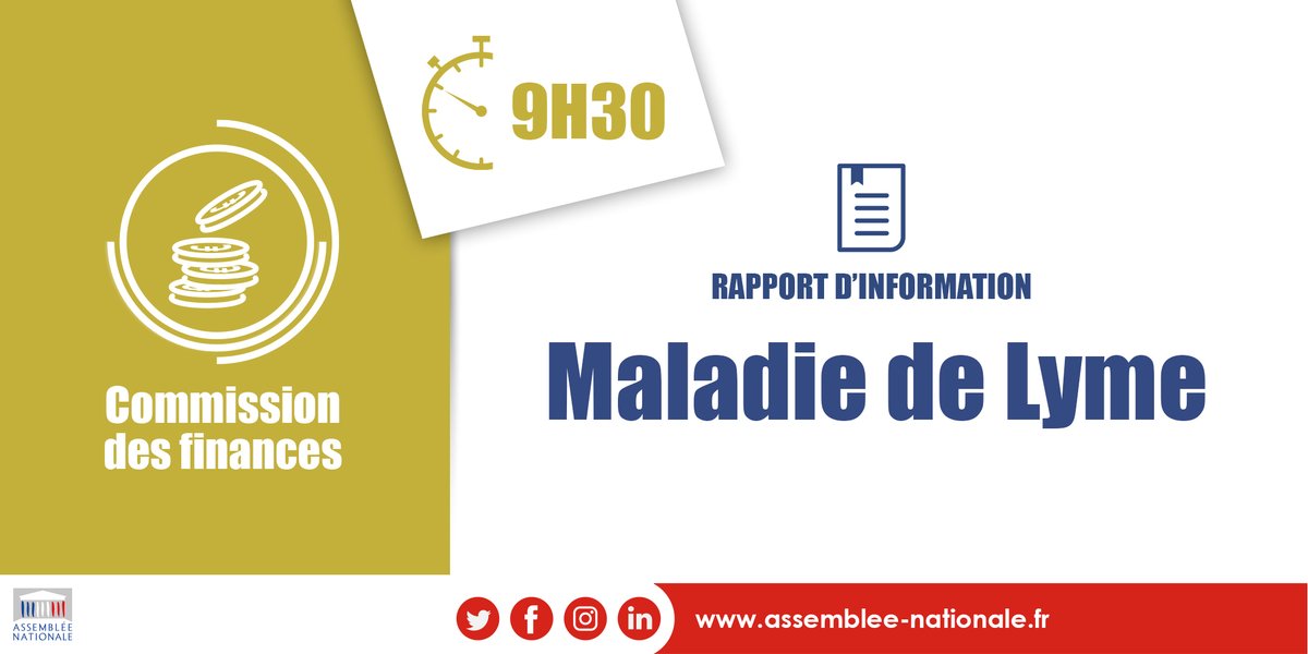 Maladie de #Lyme | À 9h30, examen d'un rapport d'information par la commission des finances, de l'économie générale et du contrôle budgétaire.
➡️À suivre ici : bit.ly/PortailVideo_AN
#DirectAN