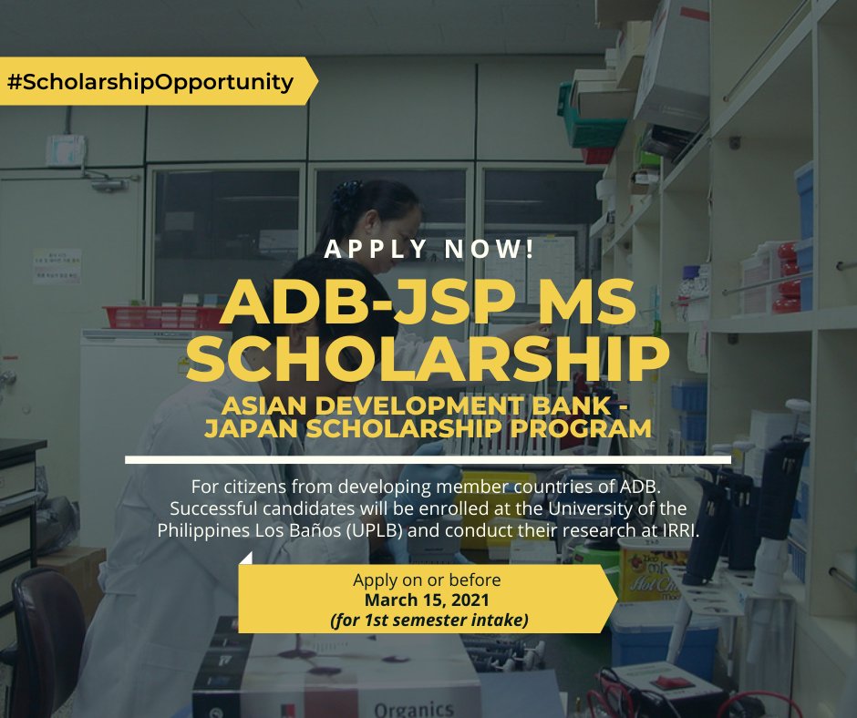 #ScholarshipOpportunity: ADB-JSP MS Scholarship

We are still accepting applications for the Asian Development Bank -Japan Scholarship Program (ADB-JSP). This is open to citizens from developing member countries of ADB.