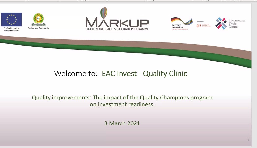 eacmarkup's tweet photo. #Happening now at the @eacmarkup #EACInvest at #SankalpAfrica2021

Topic: Quality Improvements, the impact of the Quality Champions programme on investment readiness ✅

The event kicked off with a presentation by Jean Claude Ndayambaje - Quality Champion from Rwanda 🇷🇼 https://t.co/OEy79bSmdd