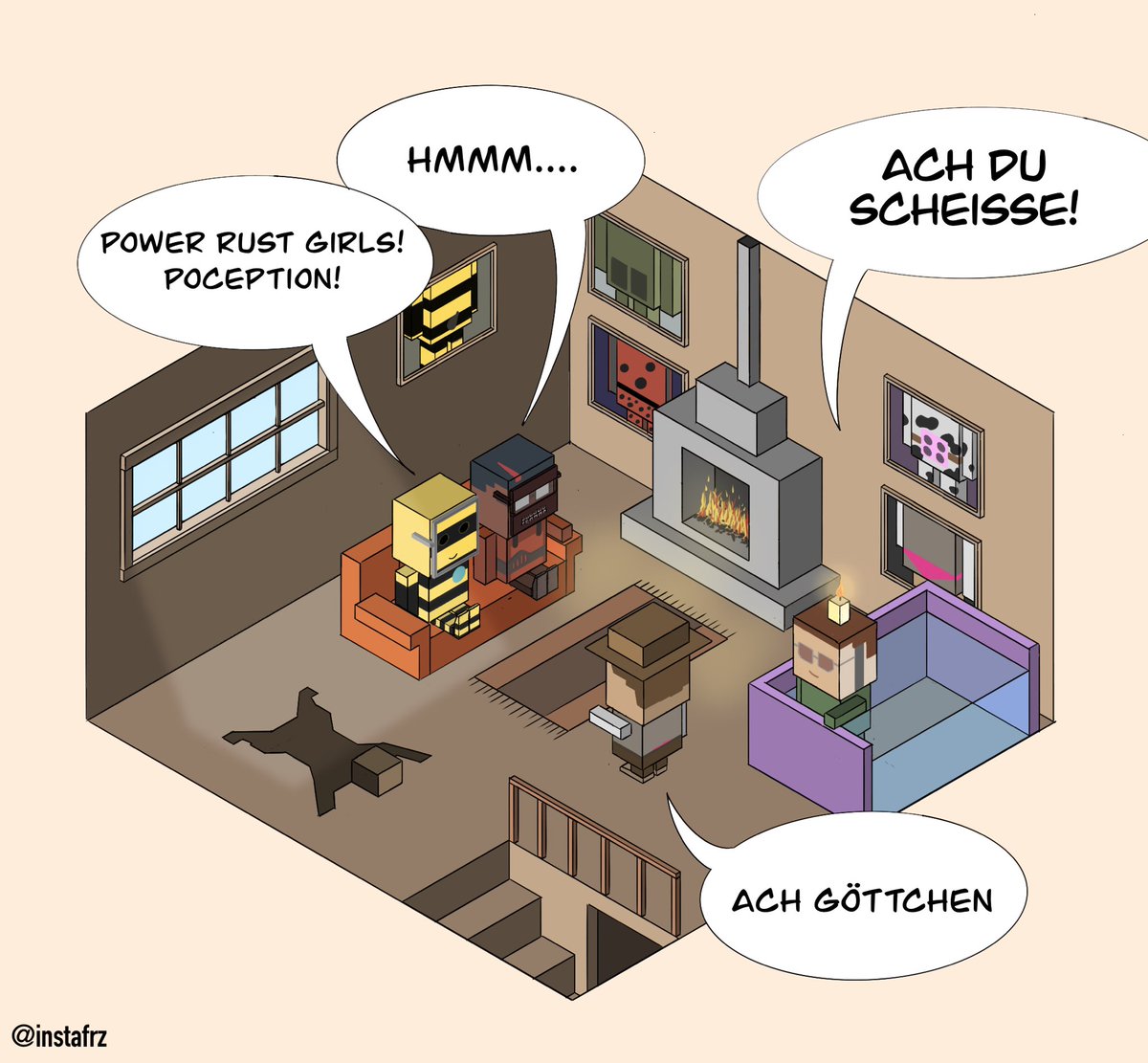 Danke für die tolle Unterhaltung in dieser seltsamen Zeit! Habe viel gelacht @chimpnsalmon @IGigglesI <a href="/TetrisPie/">Valle</a> <a href="/zenopng/">ZENO</a> #fanart #Rustplatz #kaminzimmer #lachsmann #captaingigglebee #emilio #corbi