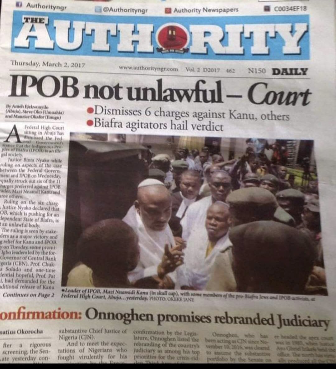 Mazi Nnamdi Kanu (@mazinnamdikanu) on Twitter photo At no time did any competent court of LAW in Nigeria, after hearing all the facts, ever proscribe or pronounce IPOB a terror organisation. FACT! Only the #BANDIT supporting Fulani <a href="/NGRPresident/">Presidency Nigeria</a> thinks otherwise. Donāt let them fool you, they are the real terrorists.
#esn4ever At no time did any competent court of LAW in Nigeria, after hearing all the facts, ever proscribe or pronounce IPOB a terror organisation. FACT! Only the #BANDIT supporting Fulani <a href="/NGRPresident/">Presidency Nigeria</a> thinks otherwise. Donāt let them fool you, they are the real terrorists.
#esn4ever