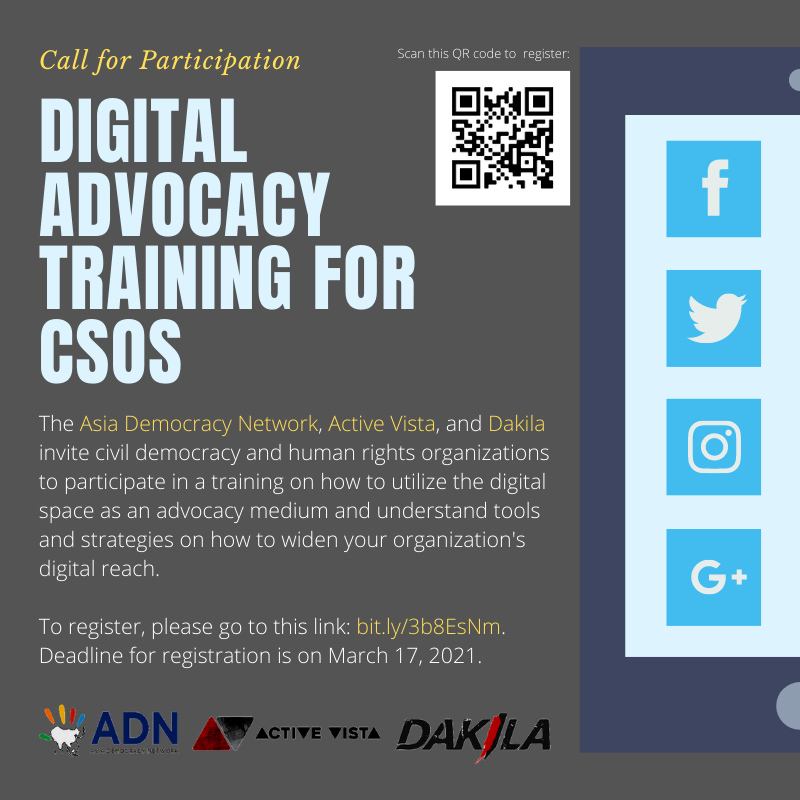 Call for participation! --> @adn_asia is calling for CSOs from #Philippines, #Malaysia, #Indonesia, #Thailand, and #Cambodia to attend a digital advocacy training on March 22 & 24. Register here before March 17! ๐https://t.co/204xt6V86Q