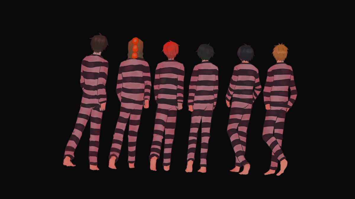 #マイクラ監獄24時
動画に使用した絵②
立ち絵は躍動感が欲しくて全身のポーズ。本家は灰色の靴履いてるようですが、囚人のイメージで裸足にしています?
主演の方々は一人一場面ずつピックアップ?
#picと #赤pic 