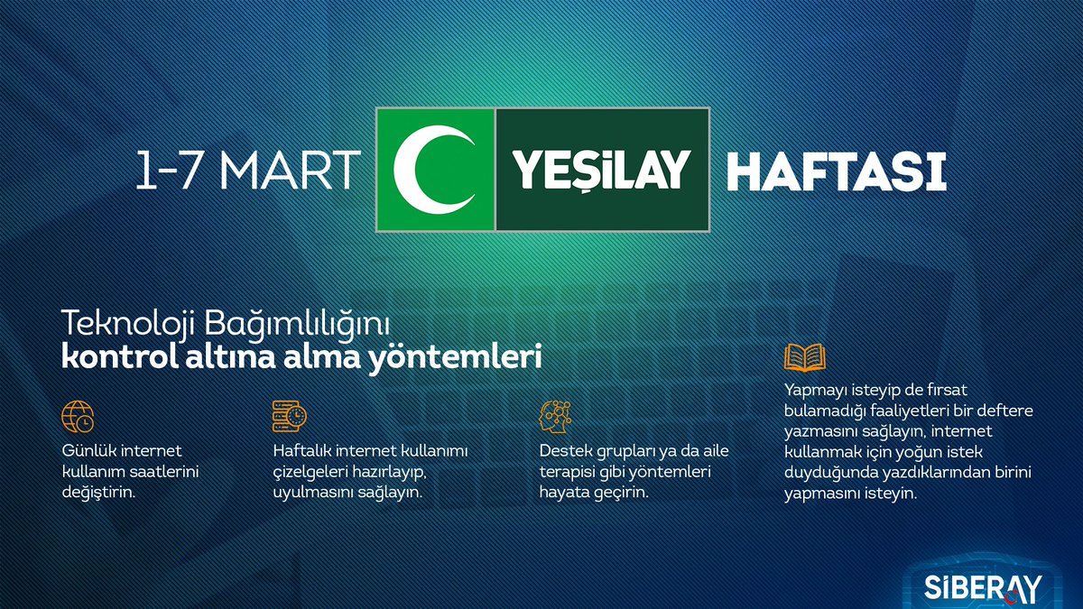 ✋🏻 İnternet ve teknoloji bağımlılığına karşı mücadelede alacağınız önlemler ile alışkanlıklarımızı değiştirmek mümkün.

#YeşilayHaftası 
#YeşilayHepBenimle