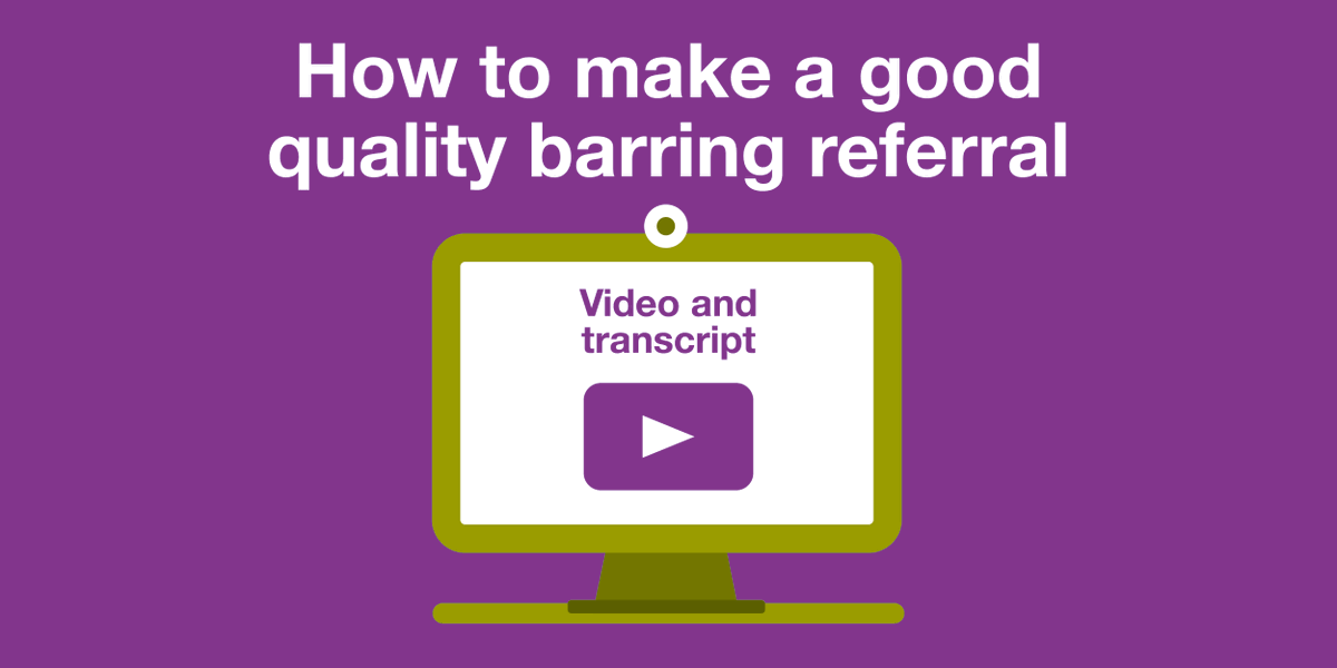 DBSgovuk's tweet photo. Do you know what information needs to be included in a barring referral?
Our 'How to make a good quality barring referral' video may be of use. It explores what information we need, and why it's important.
The video, and a transcript, can be found here: https://t.co/cJPhWwyk6O https://t.co/zBsNNkhKan