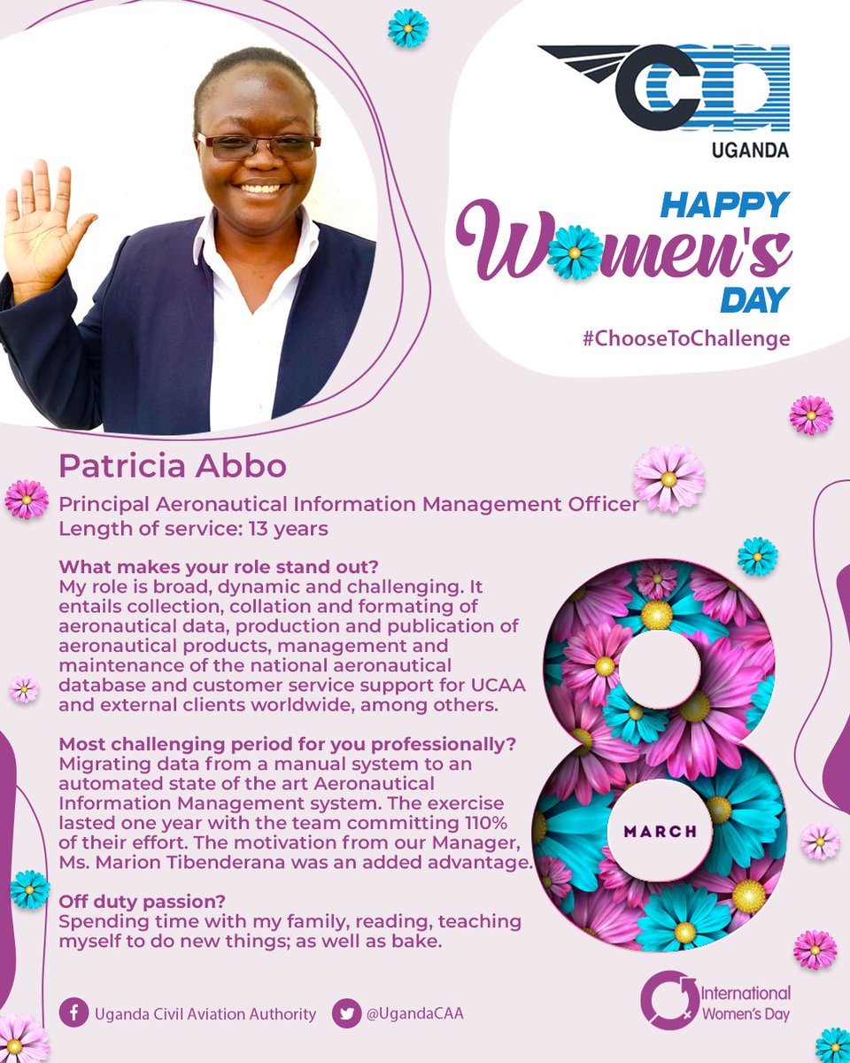 UgandaCAA's tweet image. In the run up to the International Women&apos;s Day on March 8, we celebrate some of our female colleagues who chose to challenge themselves in different professional fields in which they have excelled.  #ChooseToChallenge #InternationalWomensDay2021