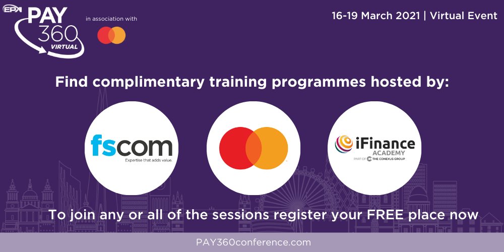 ThePAssoc's tweet photo. This year's #PAY360, in association with @Mastercard, includes a whole morning of free dedicated training sessions. By tuning in to the first three sessions, run by @FSCom1, you can earn yourself @TheCPDService points. To register, visit: https://t.co/YrFOs8wvrX #makepaymentswork https://t.co/FnojqiH9F2