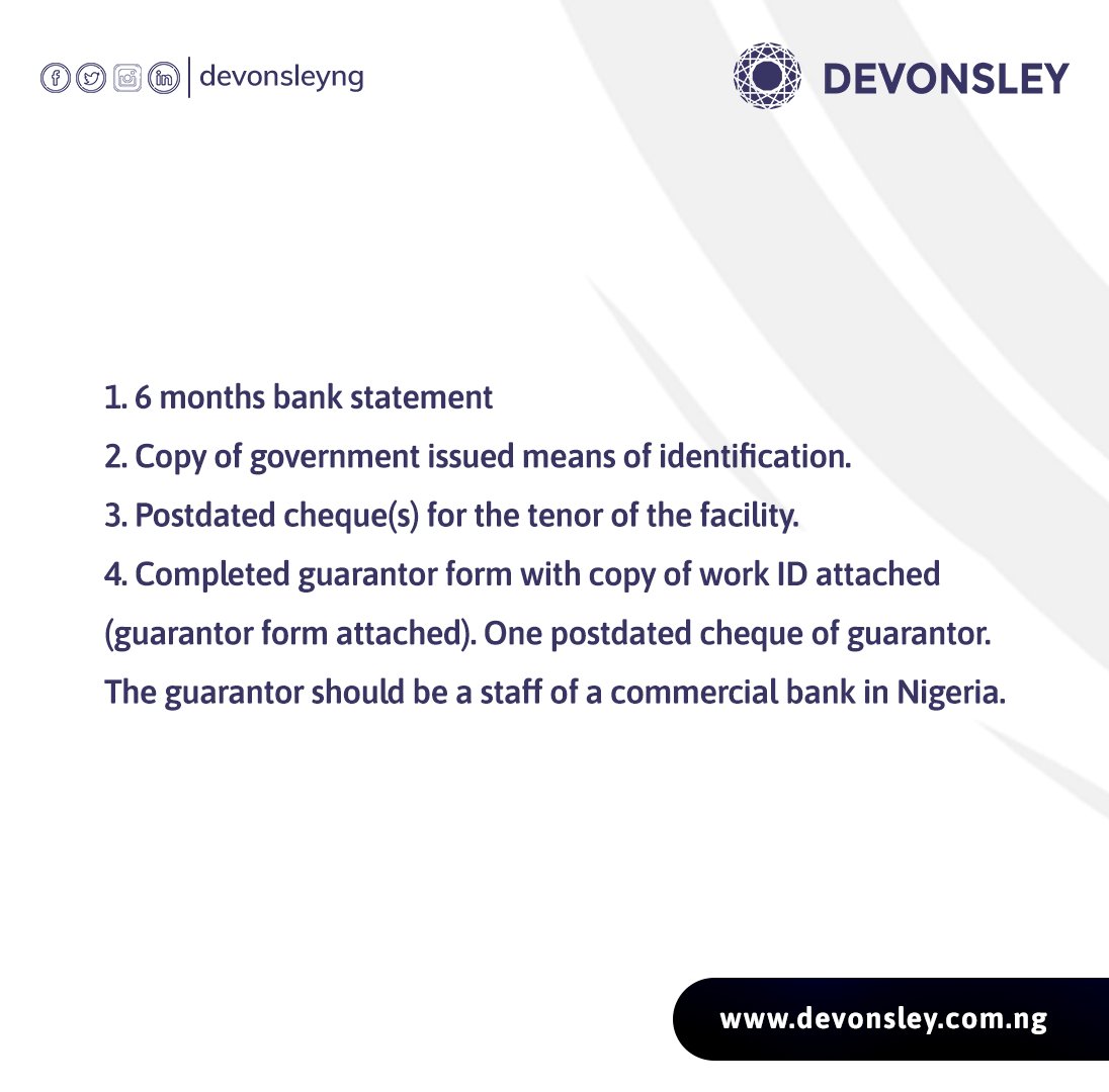 TrivesNG's tweet photo. Documents you need to get a loan of up to 5 million naira from us,
Do you have the required documents? Apply by sending a mail to sales@devonsley.com to begin.
#DevonsleyNG #DevonsleyNGLoans #smefunding #funding #quickloan https://t.co/D0tjmVMOtK