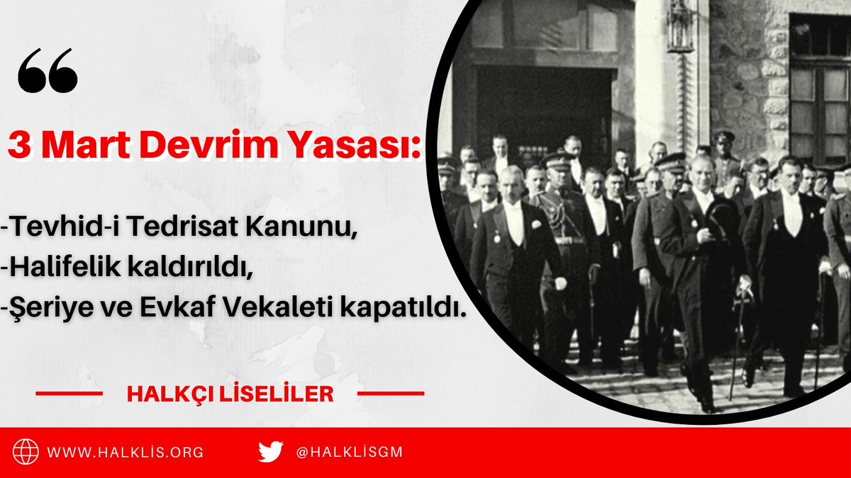 Cumhuriyetin teminatı devrim yasalarının 97. yıldönümü kutlu olsun.

# 3Mart1924
#devrimyasalarınınkabulü
#LiselerdenGençliğeGelecekBizimElimizde
<a href="/halklisgm/">Halkçı Liseliler</a>
