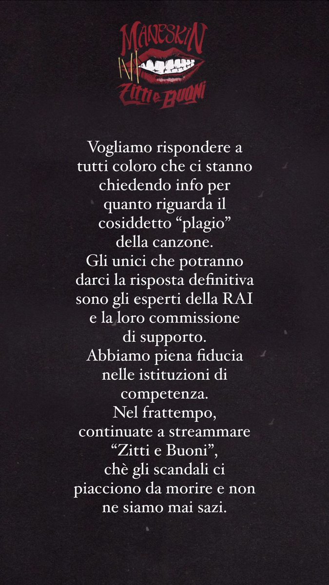 Maneskin Official Fanclub A Twitter Nel Frattempo Continuate A Streammare Zitti E Buoni Che Gli Scandali Ci Piacciono Da Morire E Non Ne Siamo Mai Sazi Maneskin Maneskin Zittiebuoni Sanremo2021 Sanremo2021