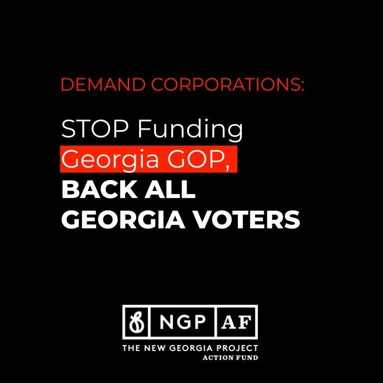 ngpaction's tweet image. Georgia corporations committed to standing up for Black Georgians but they're now silent on Republicans' attacks on our freedom to vote 🧐 This article by @juddlegum helps explain why ⤵️
popular.info/p/georgia
It's time these corporations put their money where their mouths are!