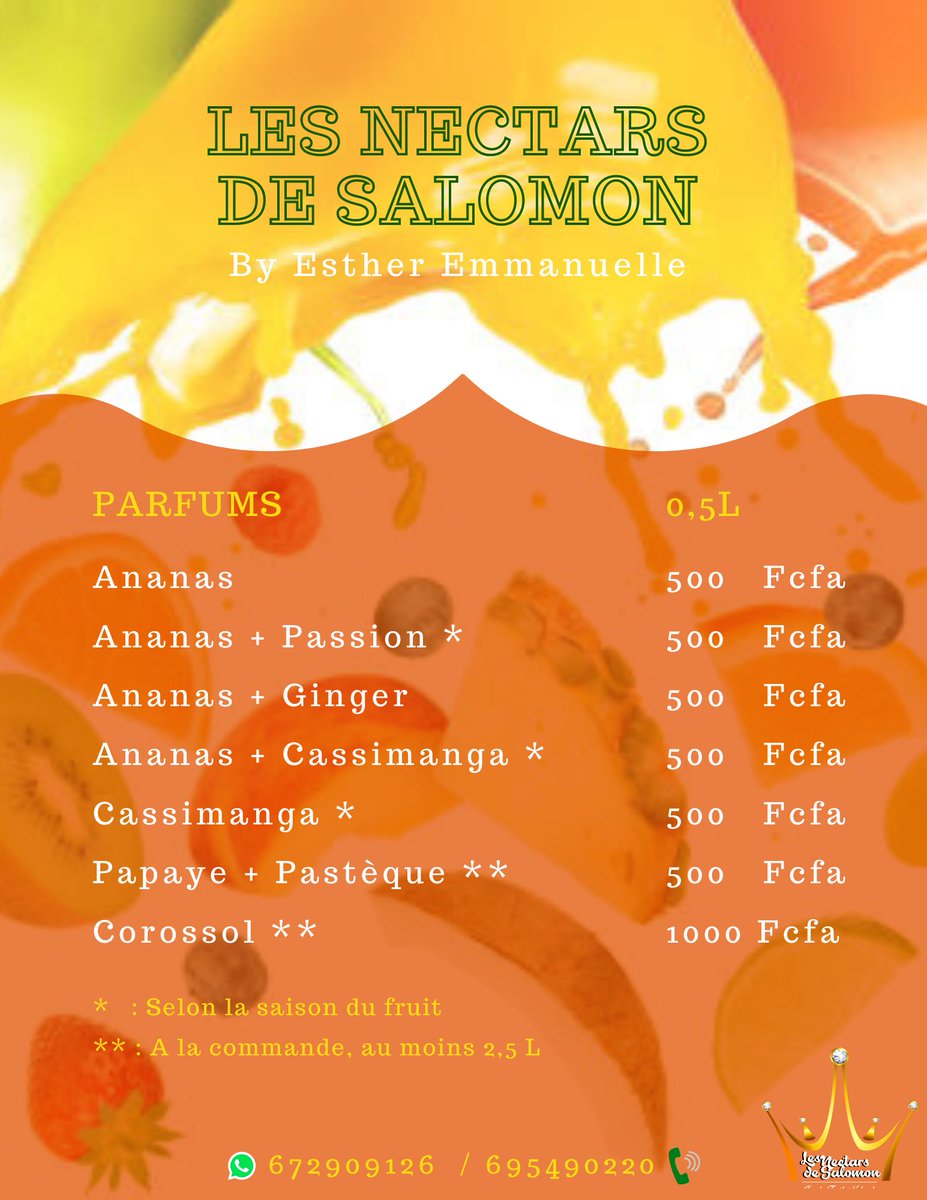 Les Nectars de Salomon sont une gamme de jus fruits naturels, sans sucre ajouté ni conservateur, d’une saveur exquise pour agrémenter vos repas, seul, en famille, entre amis ou collègues.

Offrez à vos papilles les plaisirs de la table d’un Roi en dégustant les Nectars de Salomon