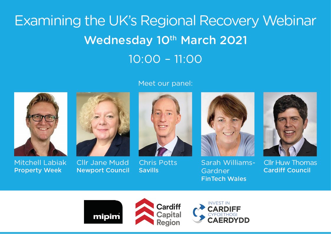 ONE WEEK until our Regional Recovery webinar with <a href="/MIPIMWorld/">MIPIM</a> &amp; <a href="/aCapitalRegion/">Cardiff Capital Region</a> Meet our panel: <a href="/SW1GG/">Sarah WG 🏴󠁧󠁢󠁷󠁬󠁳󠁿</a>/<a href="/WalesFintech/">FinTech Wales</a>, <a href="/huwthomas_Wales/">Huw Thomas</a>/<a href="/cardiffcouncil/">Cardiff Council</a>, <a href="/jane_mudd/">Jane Mudd💛</a>/<a href="/NewportCouncil/">Newport City Council</a>, <a href="/CPottsPlanning/">Chris Potts</a>/<a href="/Savills/">Savills</a>, <a href="/Mitchell_Labiak/">Mitchell Labiak</a>/<a href="/PropertyWeek/">Property Week</a>. Register today: bit.ly/2PpsqGZ
