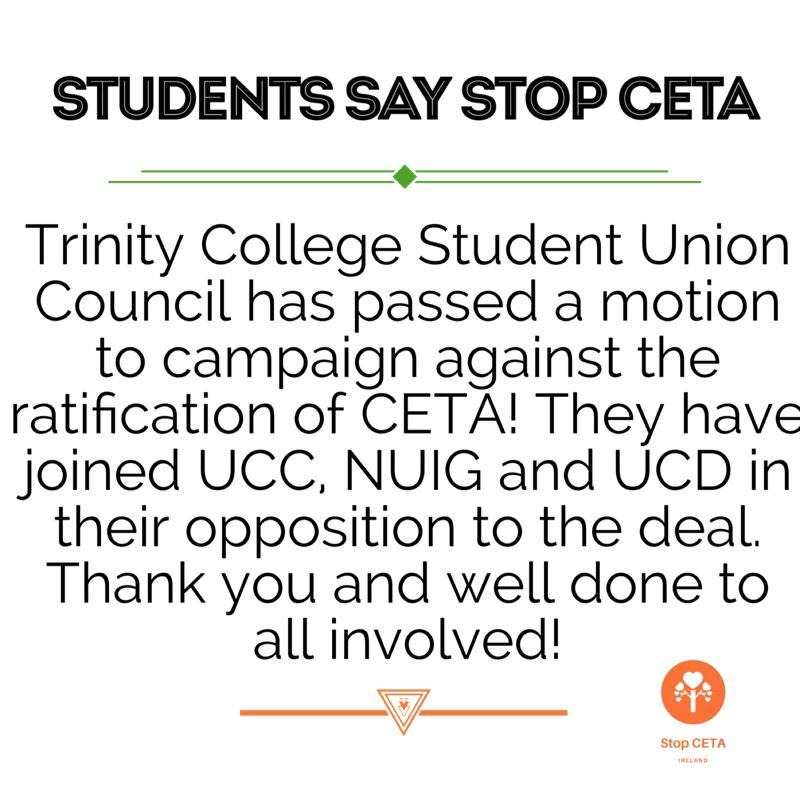 We welcome the news from Trinity College this morning that they will be campaigning against CETA. 

This movement will only grow with time, and we will continue to show the government that CETA is not in the public interest.