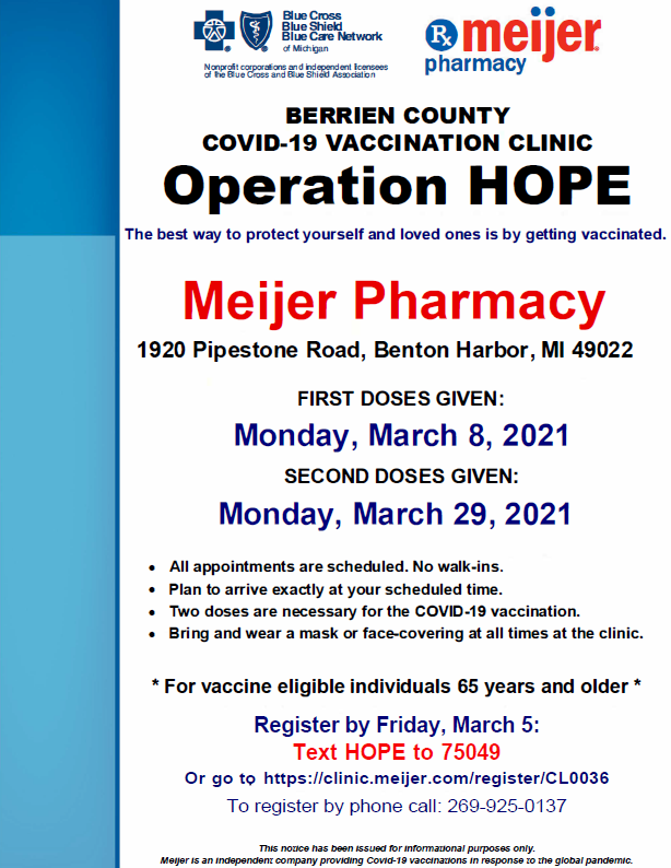 elbush's tweet photo. For #BentonHarbor/#SWMich 65+: @Meijer Pharmacy is partnering with @BCBSM, Meals on Wheels, CAA and comm organizer Marletta Seats will be hosting a COVID-19 vaccination clinic on 3/8; 2nd dose set for 3/29! Spread the word! https://t.co/y4nON2HtPj