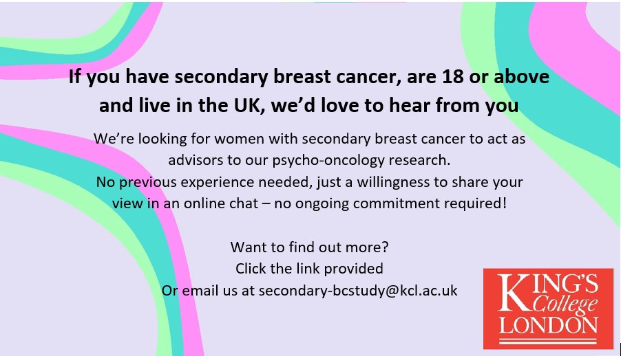 SeBCaPstudy's tweet photo. We're still looking for women with #secondarybreastcancer to act as advisors to our research. If you have an hour to spare we'd love to hear from you! No ongoing commitment or previous experience required
For more info or to apply:
https://t.co/5ZeDUbHoyX
#bccww #bcsm #MBC https://t.co/UZCCf6t0CM